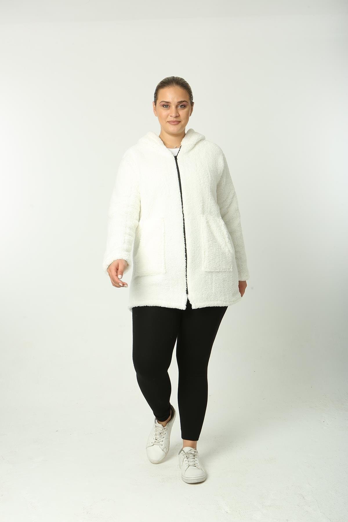 Peluş Sweat Fermuarlı Kapüşonlu 2 Cepli Örme Peluş Polar Sweatshirt