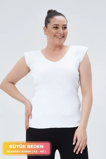 Büyük Beden Yeni Sezon Esnek Konfor Modeli Omuz Kabartmalı Standart Beden Kolsuz Örme Triko Bluz - Byaz