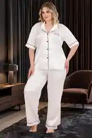 Büyük Beden Lüks Saten Premium Comfort Serisi Yumuşak Dokulu Önden Düğmeli Alt Üst Pijama Takımı - Byaz