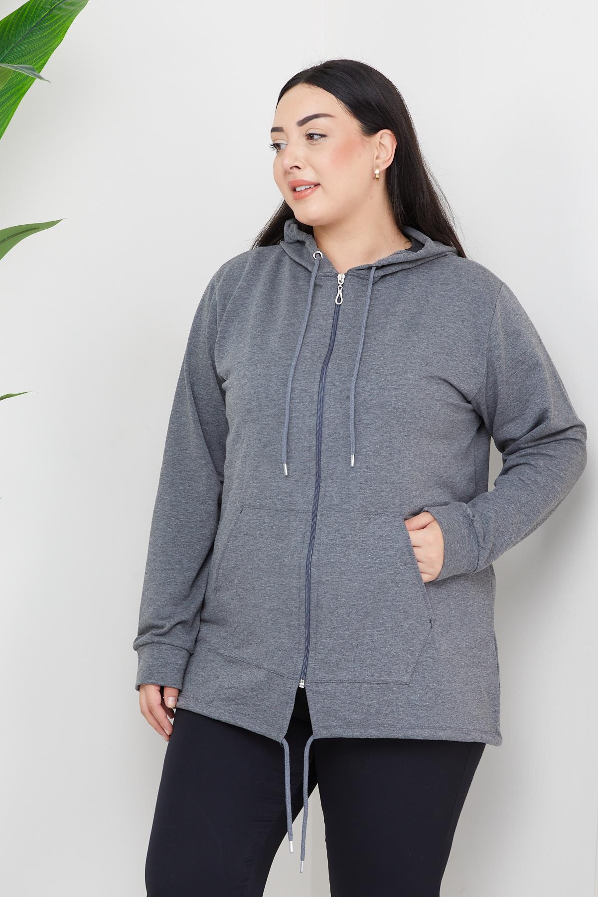 Kapüşonlu Fermuarlı Model 2 Cepli Uzun Mor Spor & Günlük Sweatshirt