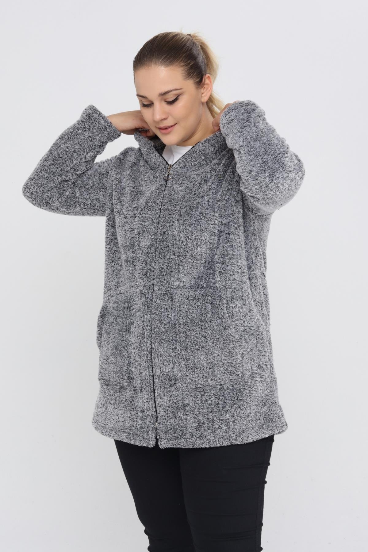 Peluş Sweat Fermuarlı Kapüşonlu 2 Cepli Örme Peluş Polar Sweatshirt