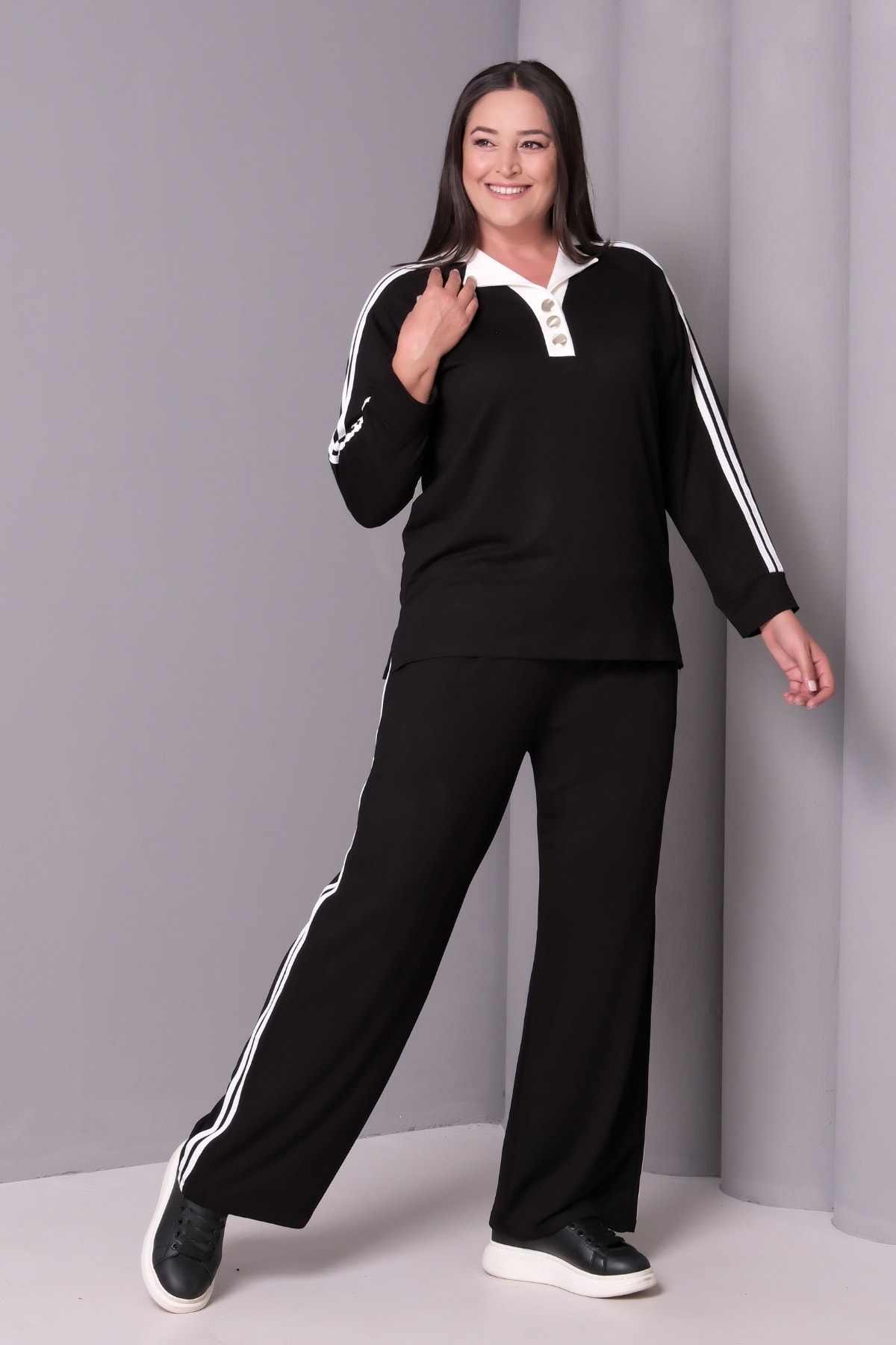 Kadın Büyük Beden Beli Lastikli Polo Yaka Cepli Spor Günlük Eşofman Takımı