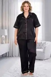 Büyük Beden Lüks Saten Premium Comfort Serisi Yumuşak Dokulu Önden Düğmeli Alt Üst Pijama Takımı - Siyah