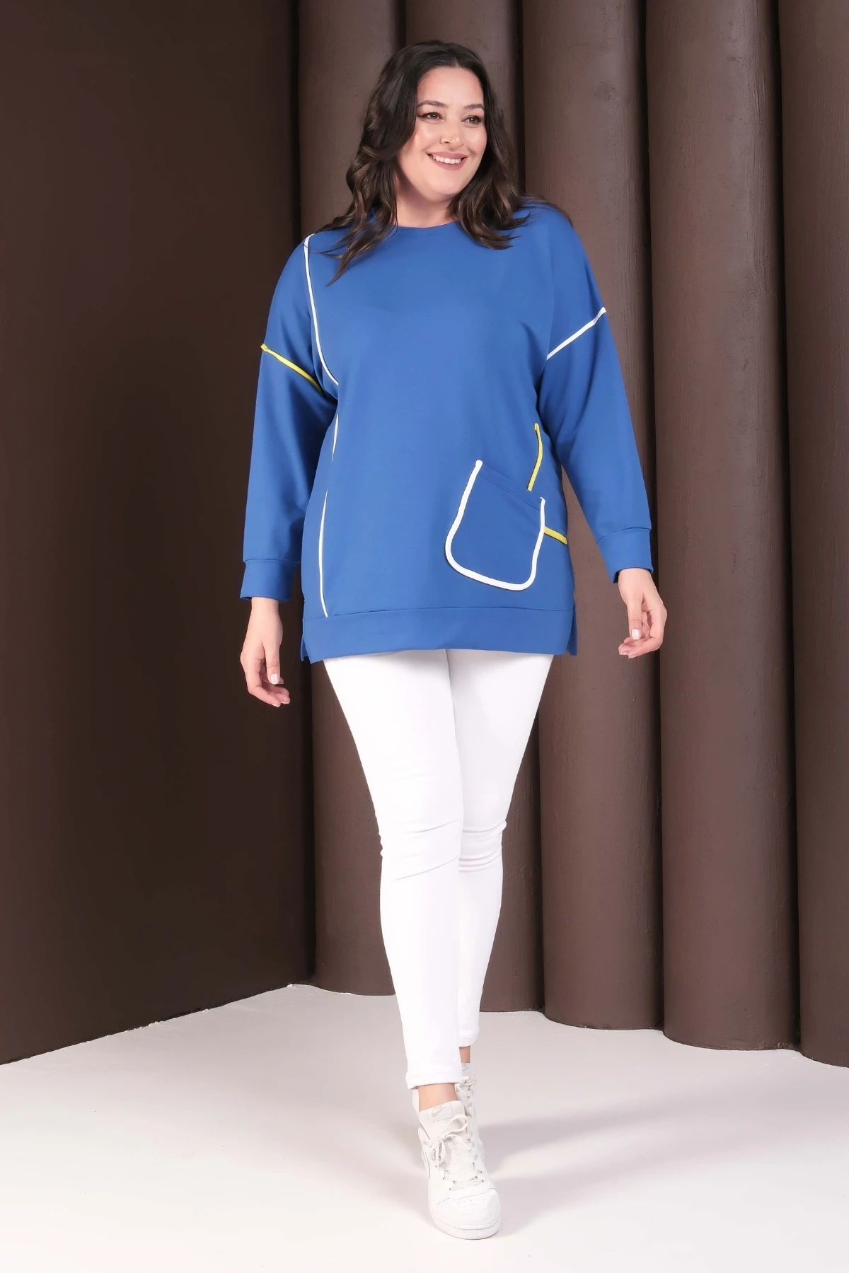 Kadın Büyük Beden Şerit Detaylı Cepli  Pamuklu Sweatshirt