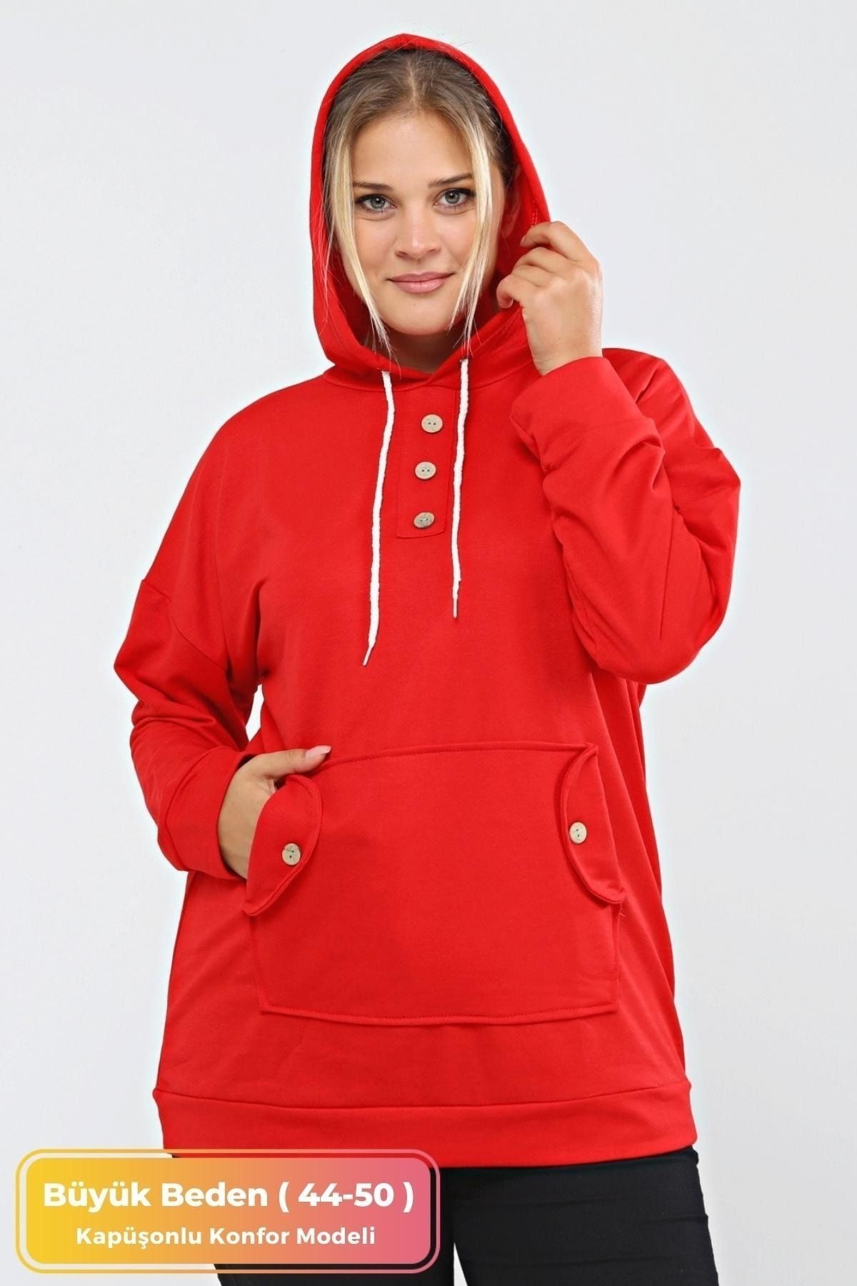 Kadın Büyük Beden Kapüşonlu Kanguru Cepli Likralı Düğme Detaylı Uzun Hoodie Sweatshirt Bej - Kırmızı