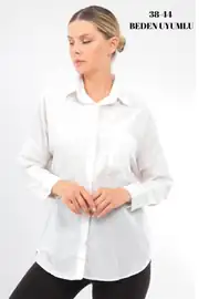 Kadın Oversize Yeni Sezon Konfor Modeli Cepli Keten 4 Mevsim Geniş Kalıp Uzun Kollu Düz Gömlek - BEYAZ