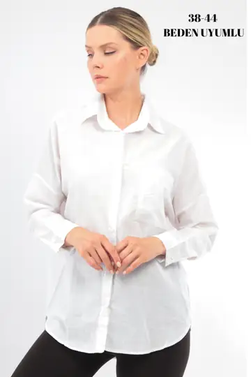 Kadın Oversize Yeni Sezon Konfor Modeli Cepli Keten 4 Mevsim Geniş Kalıp Uzun Kollu Düz Gömlek - BEYAZ