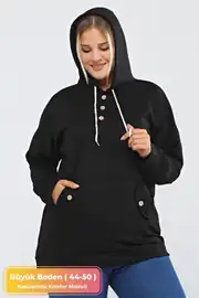 Büyük Beden Bej Kapüşonlu Uzun Hoodie Sweatshirt  Kanguru Cepli & Düğme Detaylı - Siyah