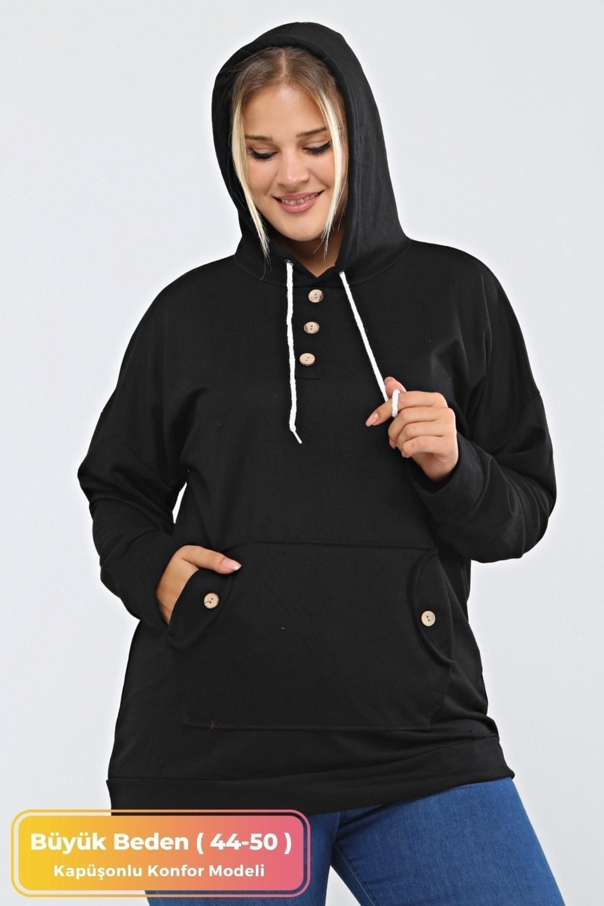 Kadın Büyük Beden Kapüşonlu Kanguru Cepli Likralı Düğme Detaylı Uzun Hoodie Sweatshirt Bej - Siyah