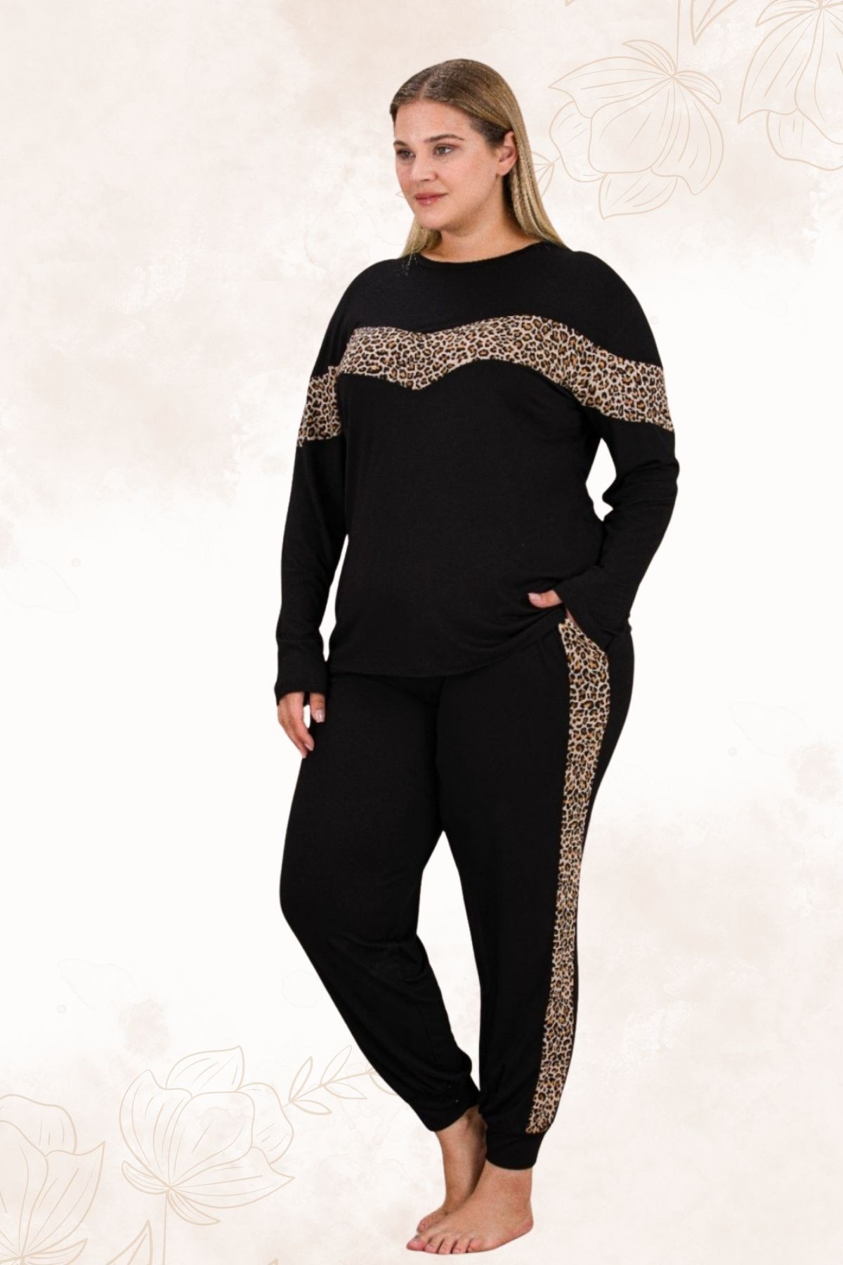Büyük Beden Kadın  Beli Lastikli Konfor Modeli Uzun Kollu Pamuklu Pijama Takım - Siyah