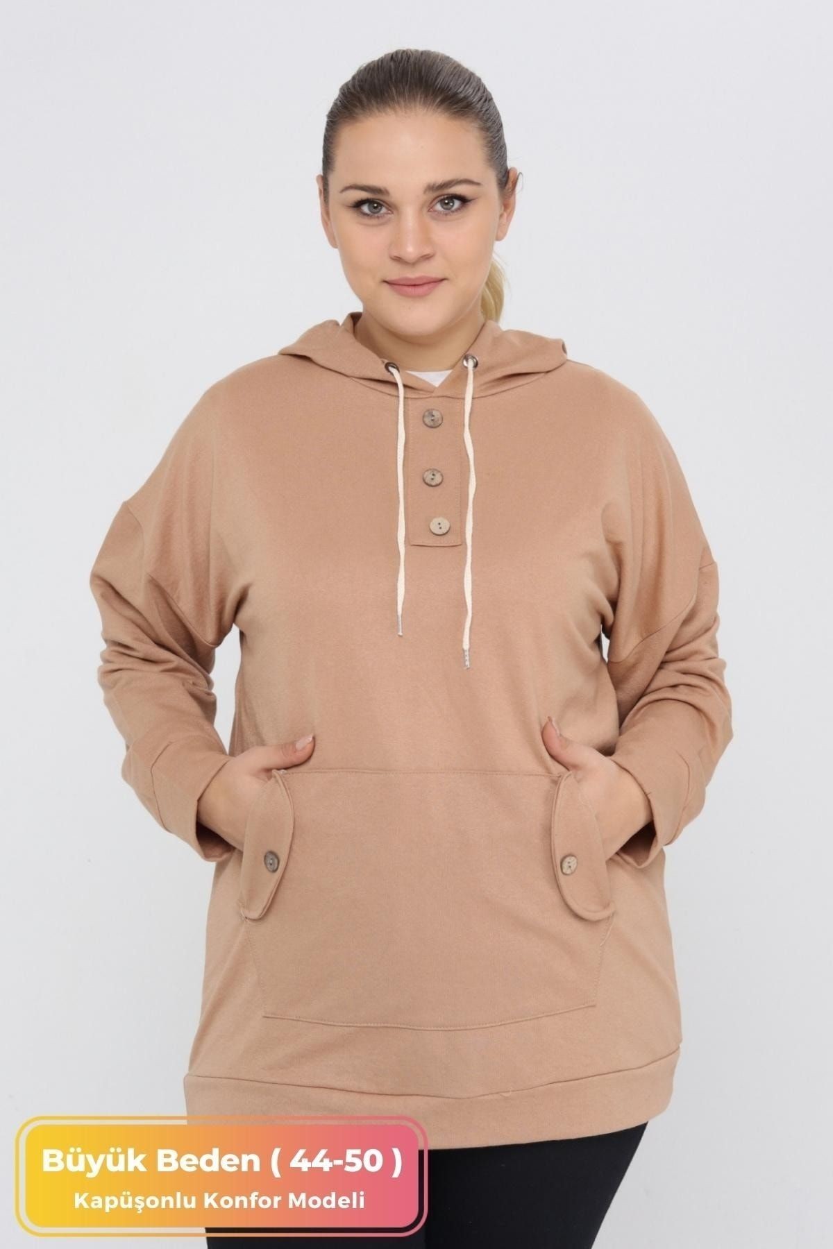 Kadın Büyük Beden Kapüşonlu Kanguru Cepli Likralı Düğme Detaylı Uzun Hoodie Sweatshirt Bej