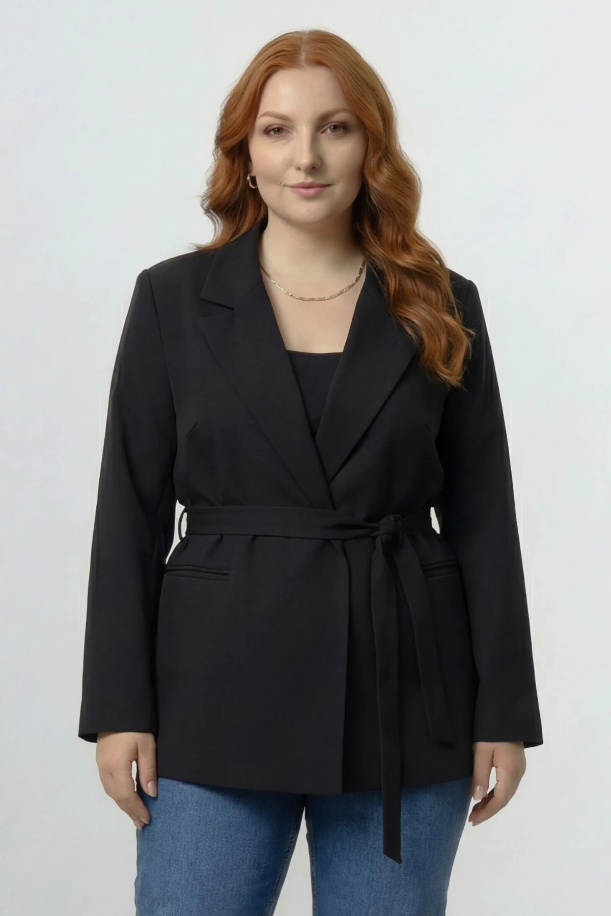 Premium Seri Kadın Büyük Beden Oversize Kuşaklı Blazer Ceket Siyah – Astarlı Şık Model