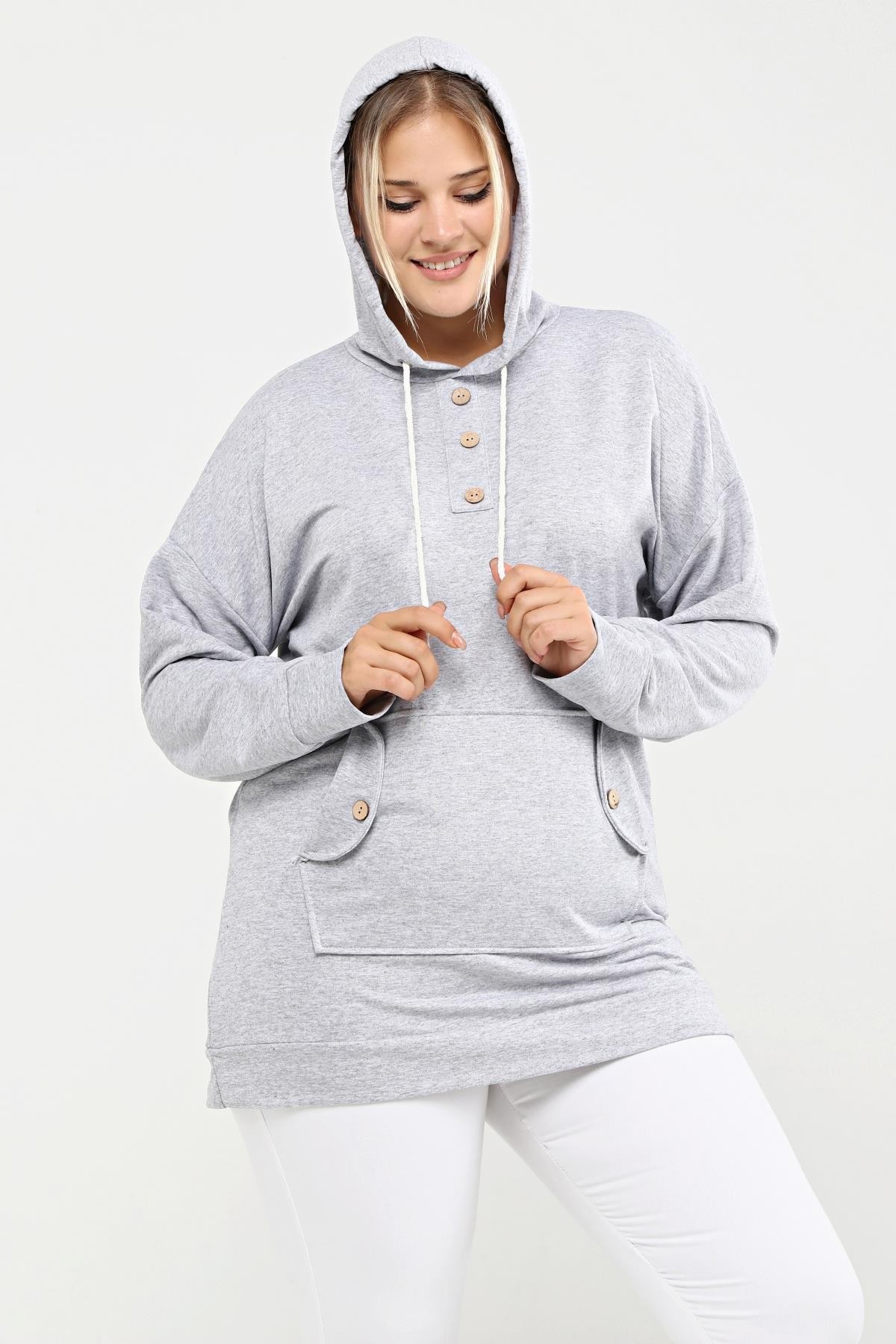 Kapüşonlu Kanguru Cepli Likralı Düğme Detaylı Uzun Hoodie Sweatshirt