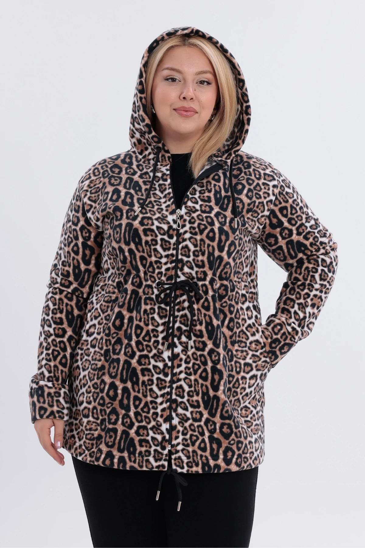 Kadın Büyük Beden Sıcak Tutan Leopar Polar Kapüşonlu  Fermuarlı Sweatshirt