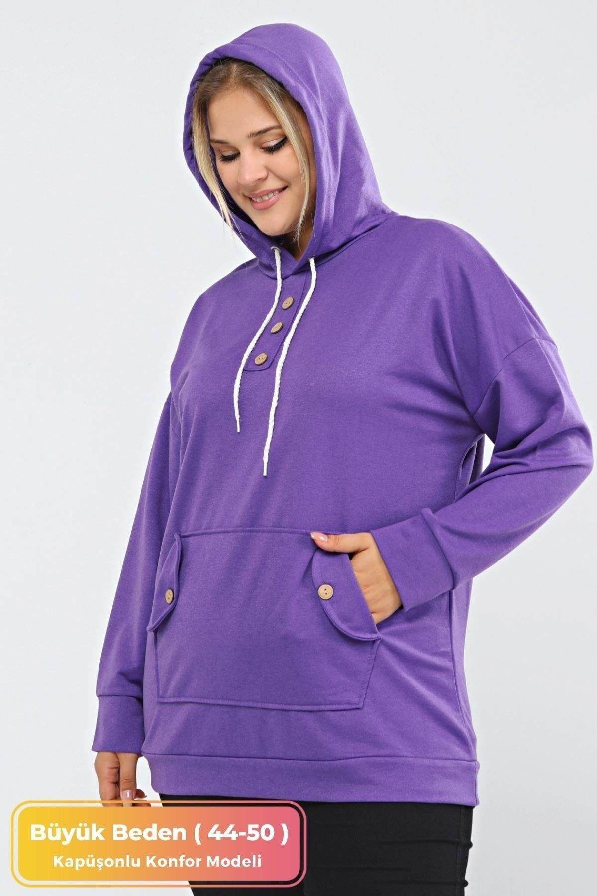 Kadın Büyük Beden Kapüşonlu Kanguru Cepli Likralı Düğme Detaylı Uzun Hoodie Sweatshirt Bej - Mor