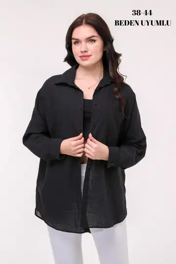Kadın Oversize Yeni Sezon Konfor Modeli Cepli Keten 4 Mevsim Geniş Kalıp Uzun Kollu Düz Gömlek - Siyah