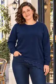 Kadın Büyük Beden Kristal Kumaş Asimetrik Dantel Detaylı  Uzun Kollu Bluz   - Lacivert