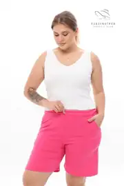 Büyük Beden Yeni Sezon Beli Lastikli Konfor Modeli İki İplik Penye Kumaş Cepli Spor ve Günlük Şort - Pembe