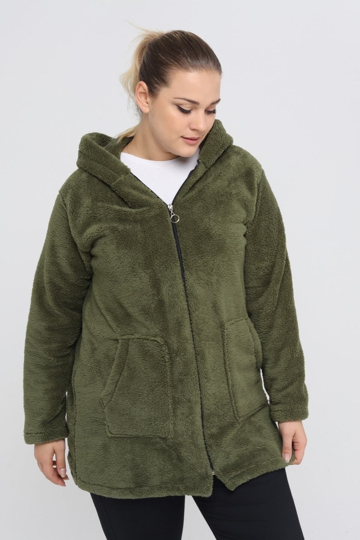 Büyük Beden Sıcak Tutan Peluş Sweat Fermuarlı Kapüşonlu 2 Cepli Örme Peluş Polar Sweatshirt