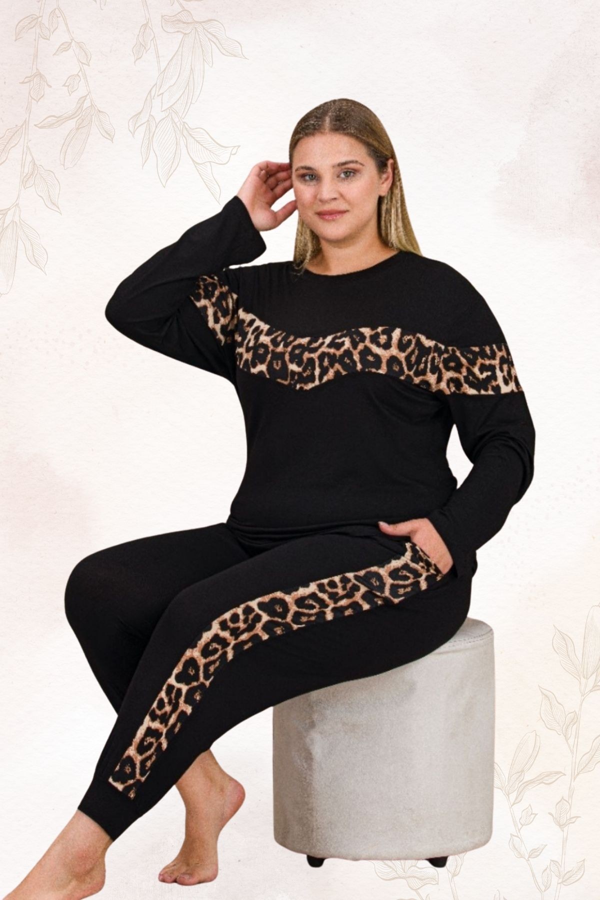 Büyük Beden Kadın  Beli Lastikli Konfor Modeli Uzun Kollu Pamuklu Pijama Takım