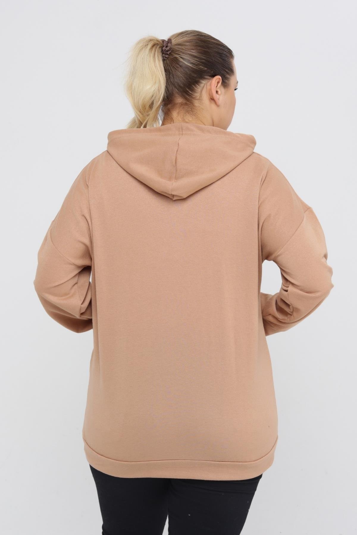 Kapüşonlu Kanguru Cepli Likralı Düğme Detaylı Uzun Hoodie Sweatshirt