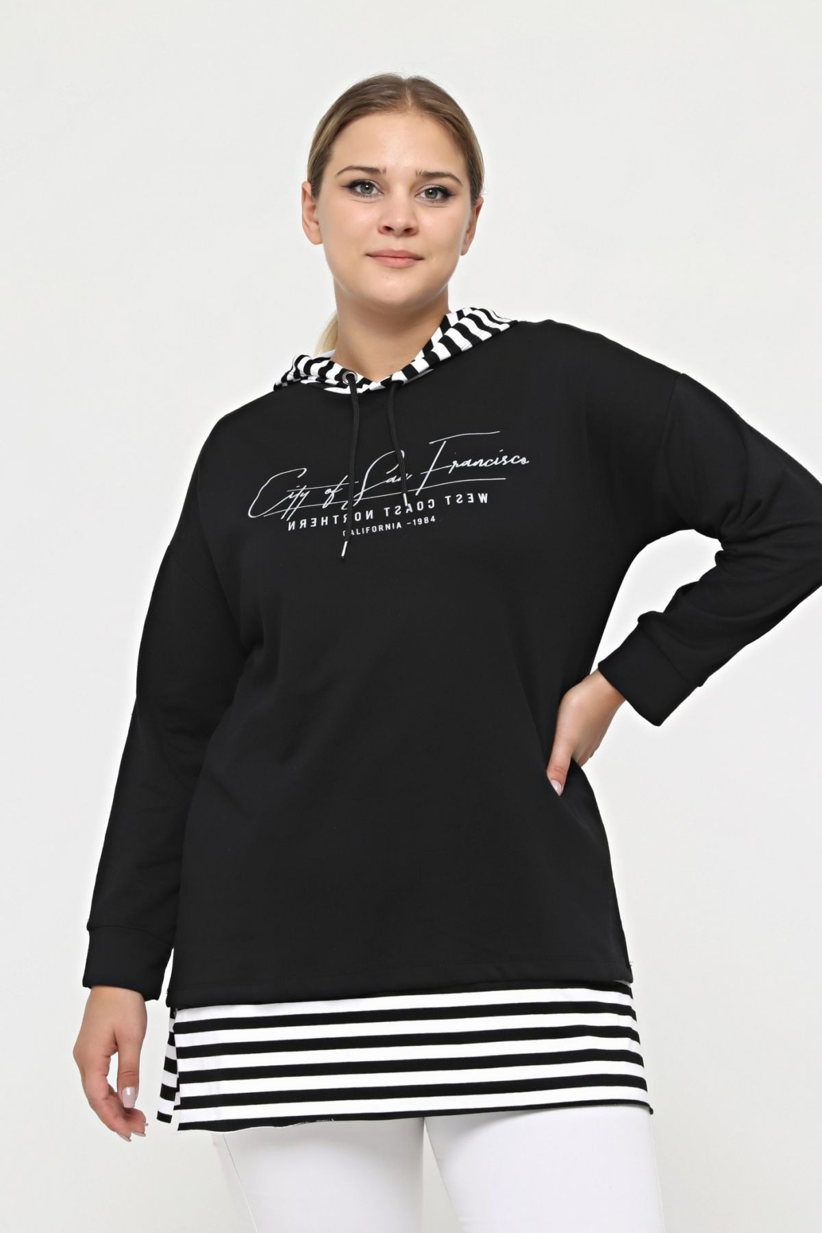 Büyük Beden %100 Pamuklu Baharlık Yanı Yırtmaçlı Konfor Modeli Çizgi Detaylı Kapüşonlu Sweatshirt