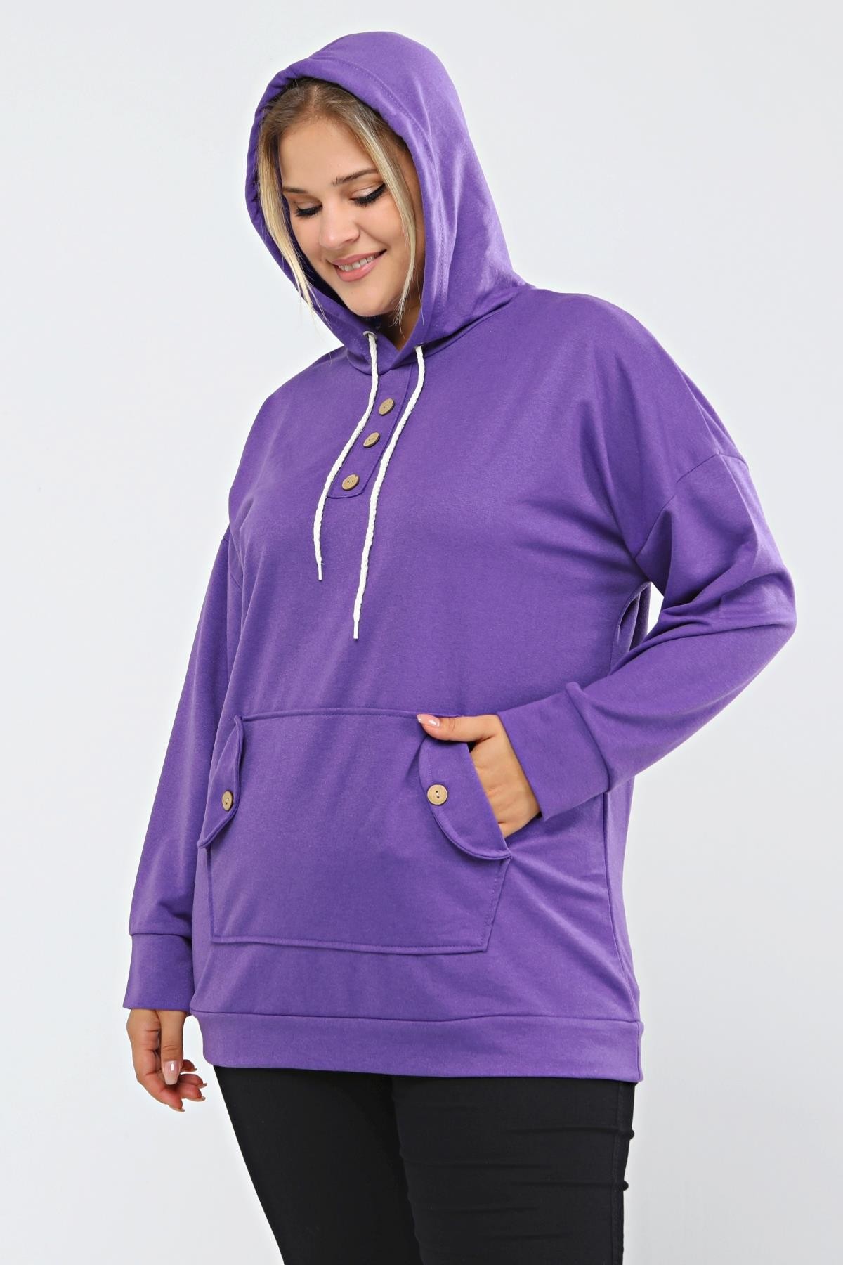 Kapüşonlu Kanguru Cepli Likralı Düğme Detaylı Uzun Hoodie Sweatshirt