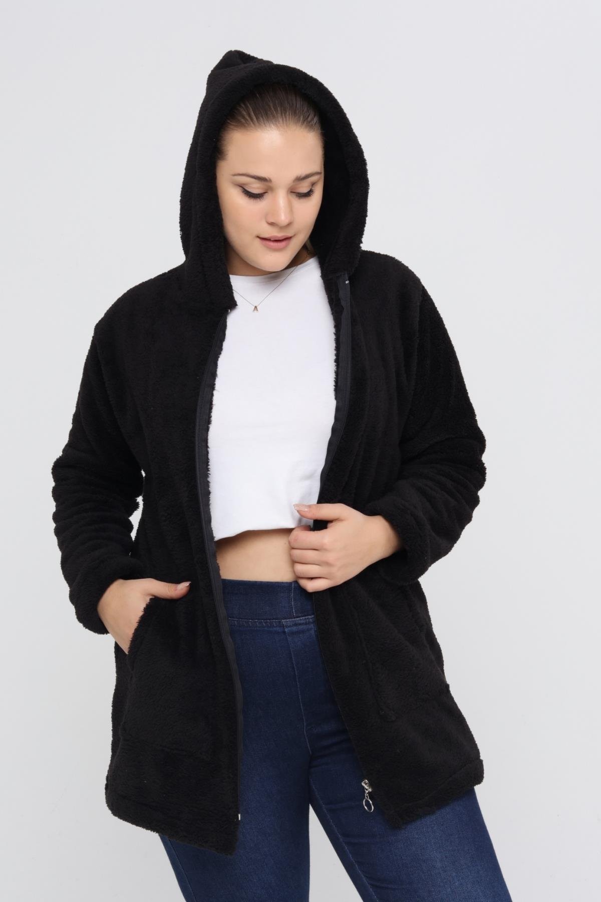 Peluş Sweat Fermuarlı Kapüşonlu 2 Cepli Örme Peluş Polar Sweatshirt