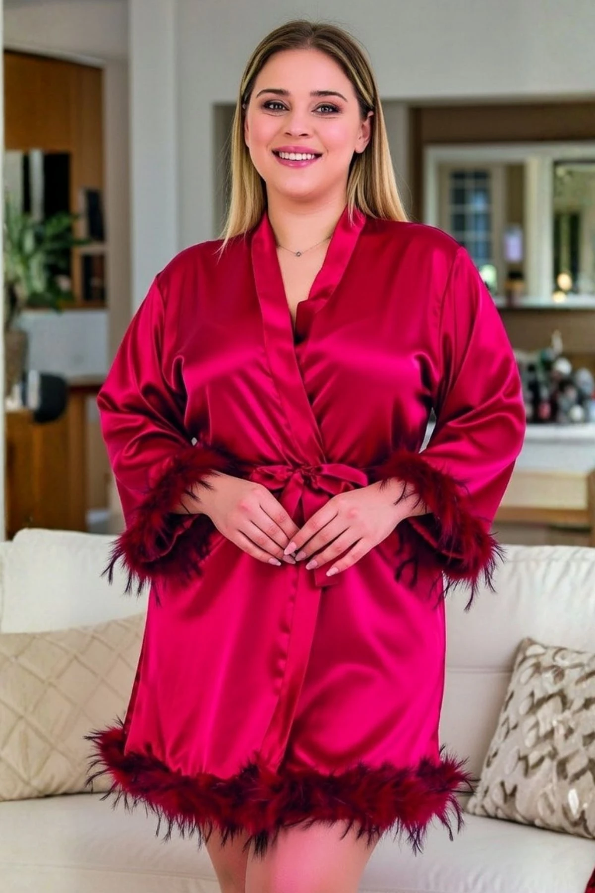 Büyük Beden Premium Tüylü Saten Çeyizlik Sabahlık & Kimono