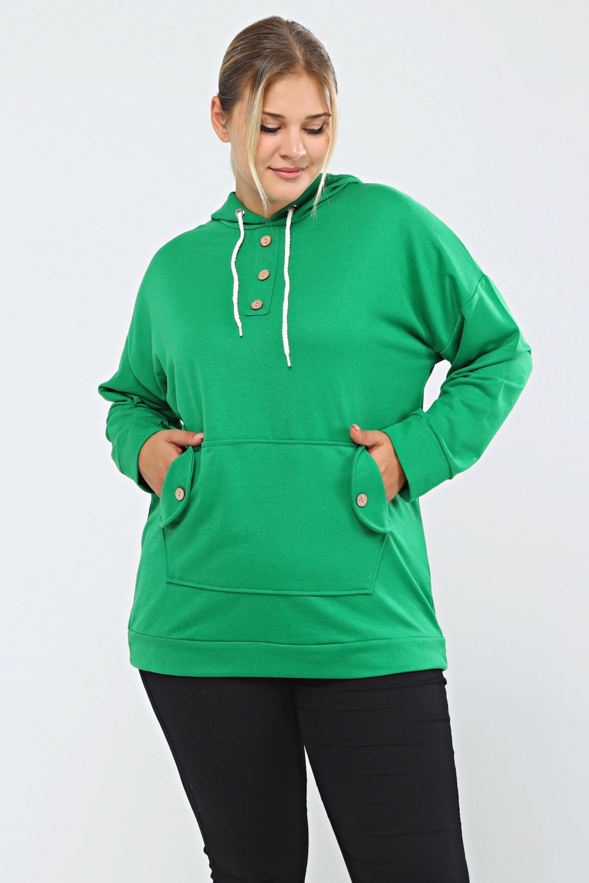 Kapüşonlu Kanguru Cepli Likralı Düğme Detaylı Uzun Hoodie Sweatshirt