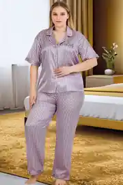 Büyük Beden Lüks Saten Premium Comfort Serisi Yumuşak Dokulu Önden Düğmeli Alt Üst Pijama Takımı - siyah pembe