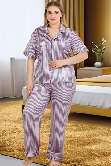 Büyük Beden Lüks Saten Premium Comfort Serisi Yumuşak Dokulu Önden Düğmeli Alt Üst Pijama Takımı - siyah pembe