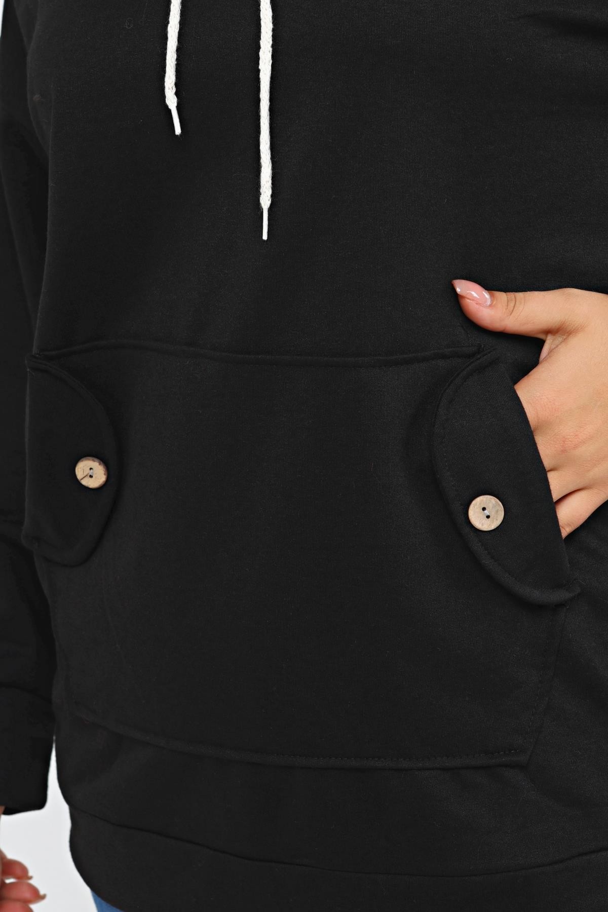 Kapüşonlu Kanguru Cepli Likralı Düğme Detaylı Uzun Hoodie Sweatshirt