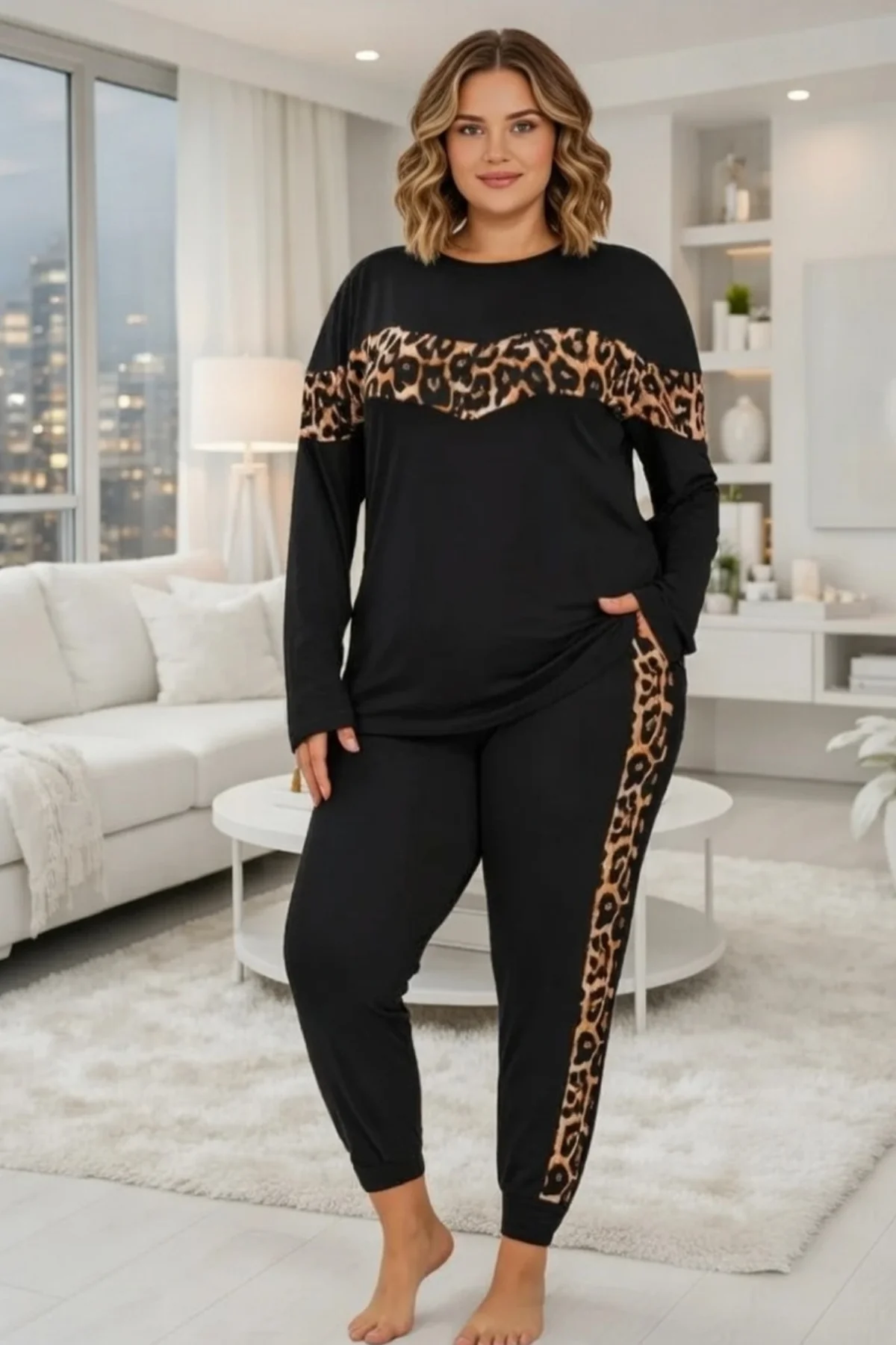 Büyük Beden Kadın  Beli Lastikli Konfor Modeli Uzun Kollu Pamuklu Pijama Takım