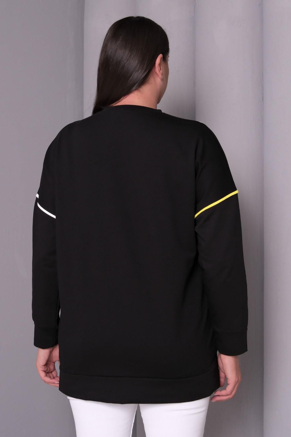 Kadın Büyük Beden Şerit Detaylı Cepli  Pamuklu Sweatshirt