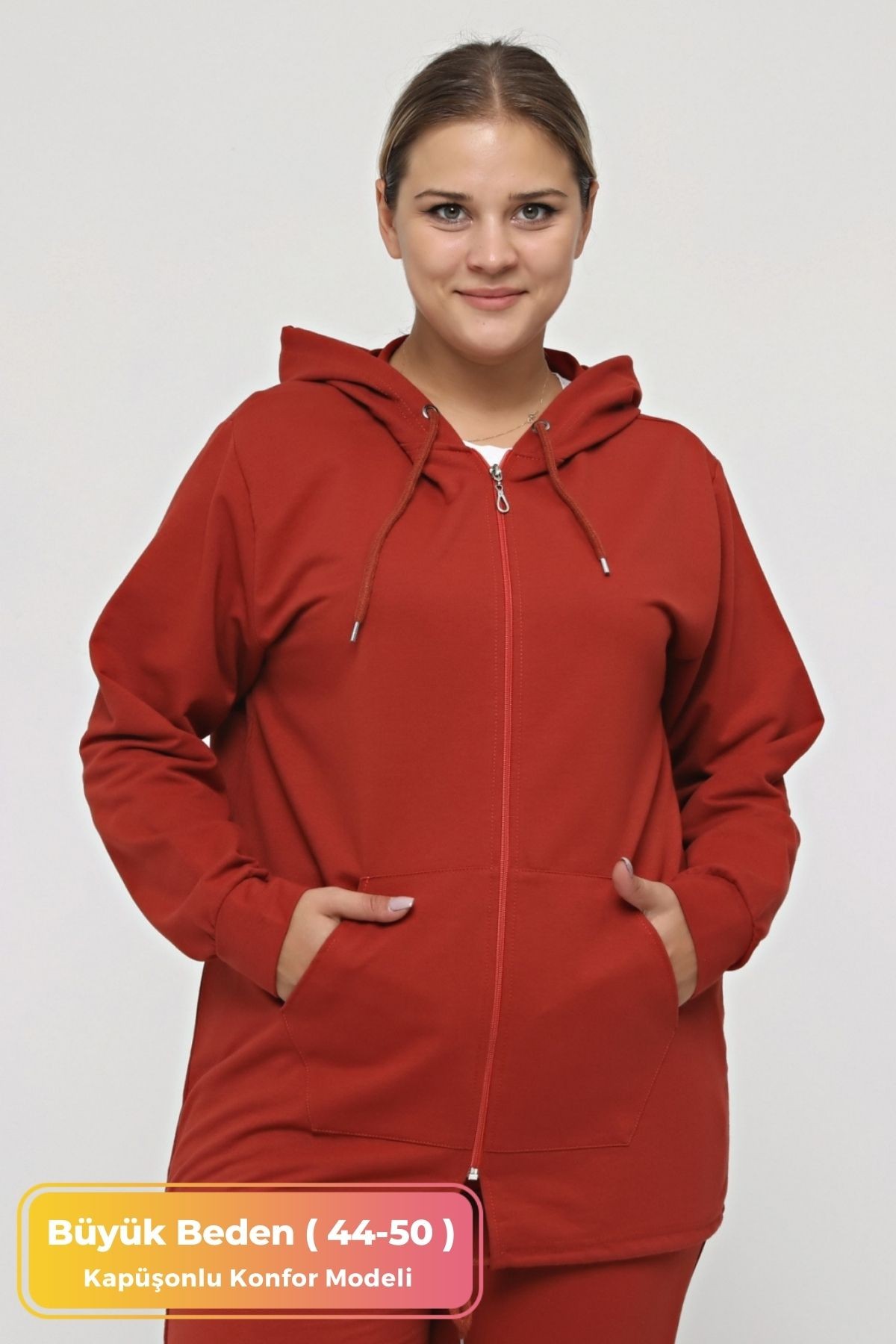 Kadın Büyük Beden Kapüşonlu Fermuarlı Model 2 Cepli Uzun Gri Spor & Günlük Sweatshirt Lacivert - Kiremit