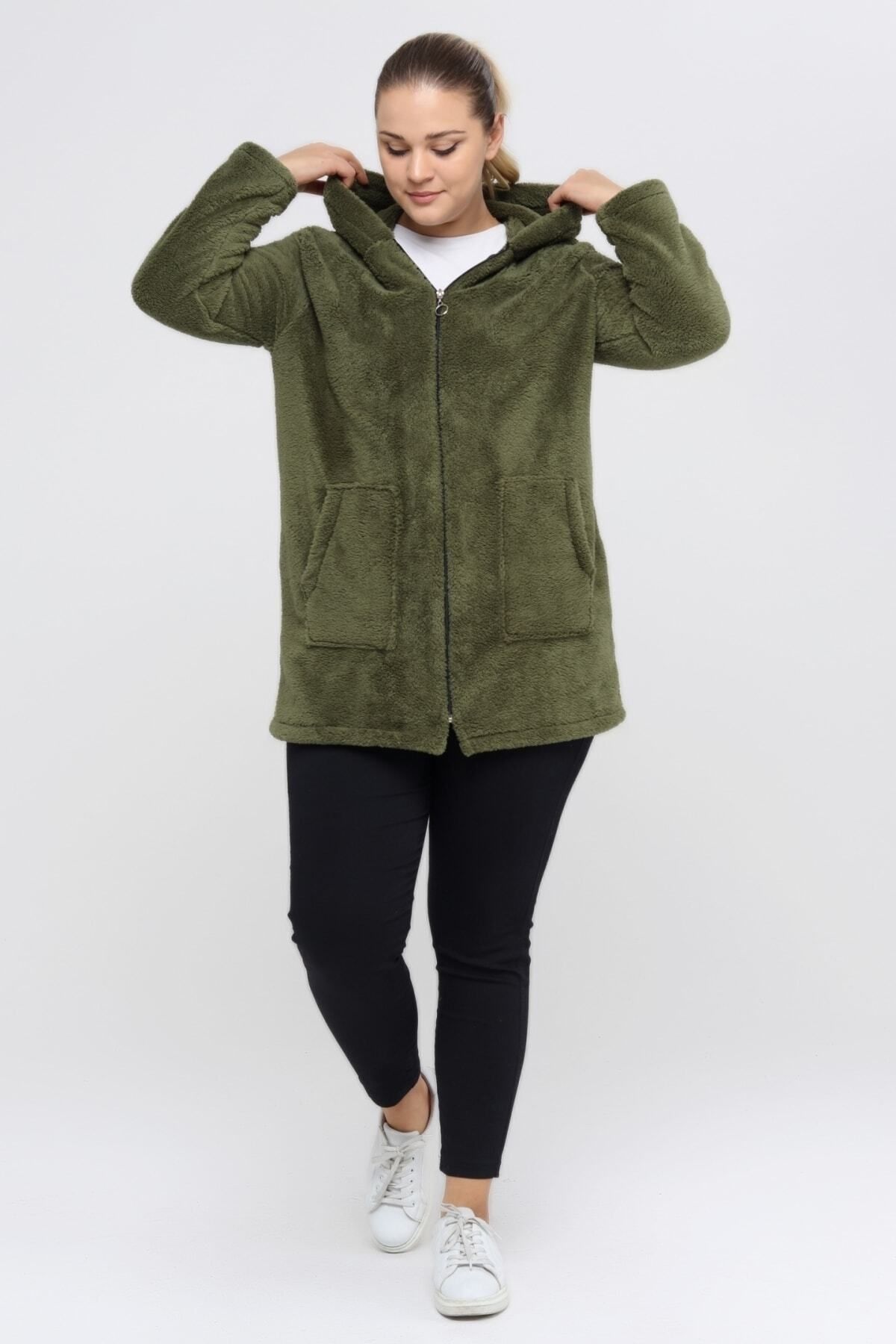 Büyük Beden Sıcak Tutan Peluş Sweat Fermuarlı Kapüşonlu 2 Cepli Örme Peluş Polar Sweatshirt