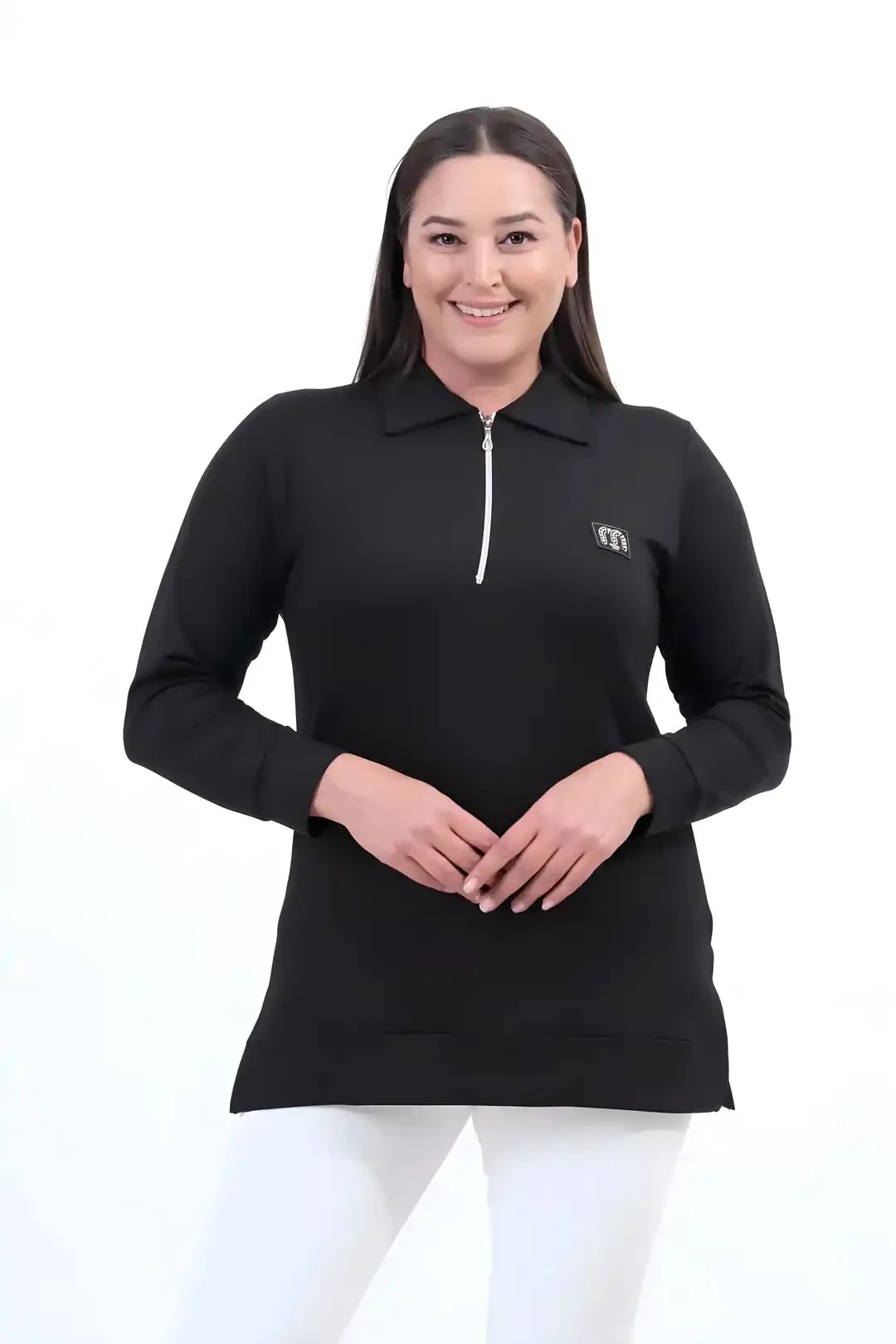 Kadın Büyün Beden Fermuarlı  Polo Yaka Kristal Kumaş  Yırtmaçlı Tesettür Tunik