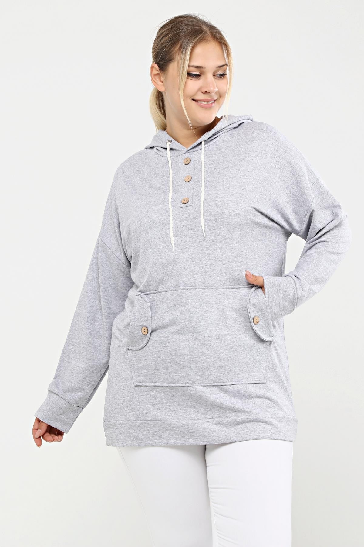 Kapüşonlu Kanguru Cepli Likralı Düğme Detaylı Uzun Hoodie Sweatshirt