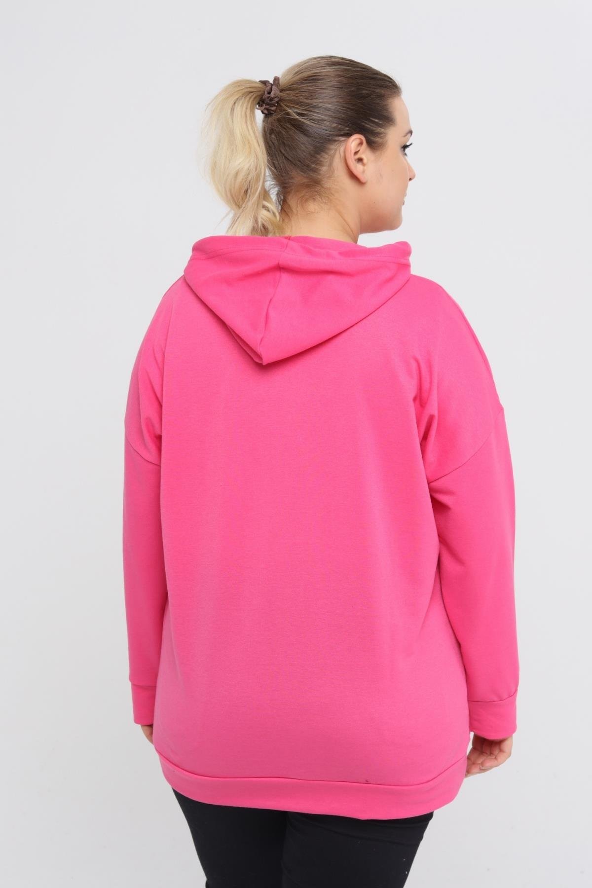 Kapüşonlu Kanguru Cepli Likralı Düğme Detaylı Uzun Hoodie Sweatshirt