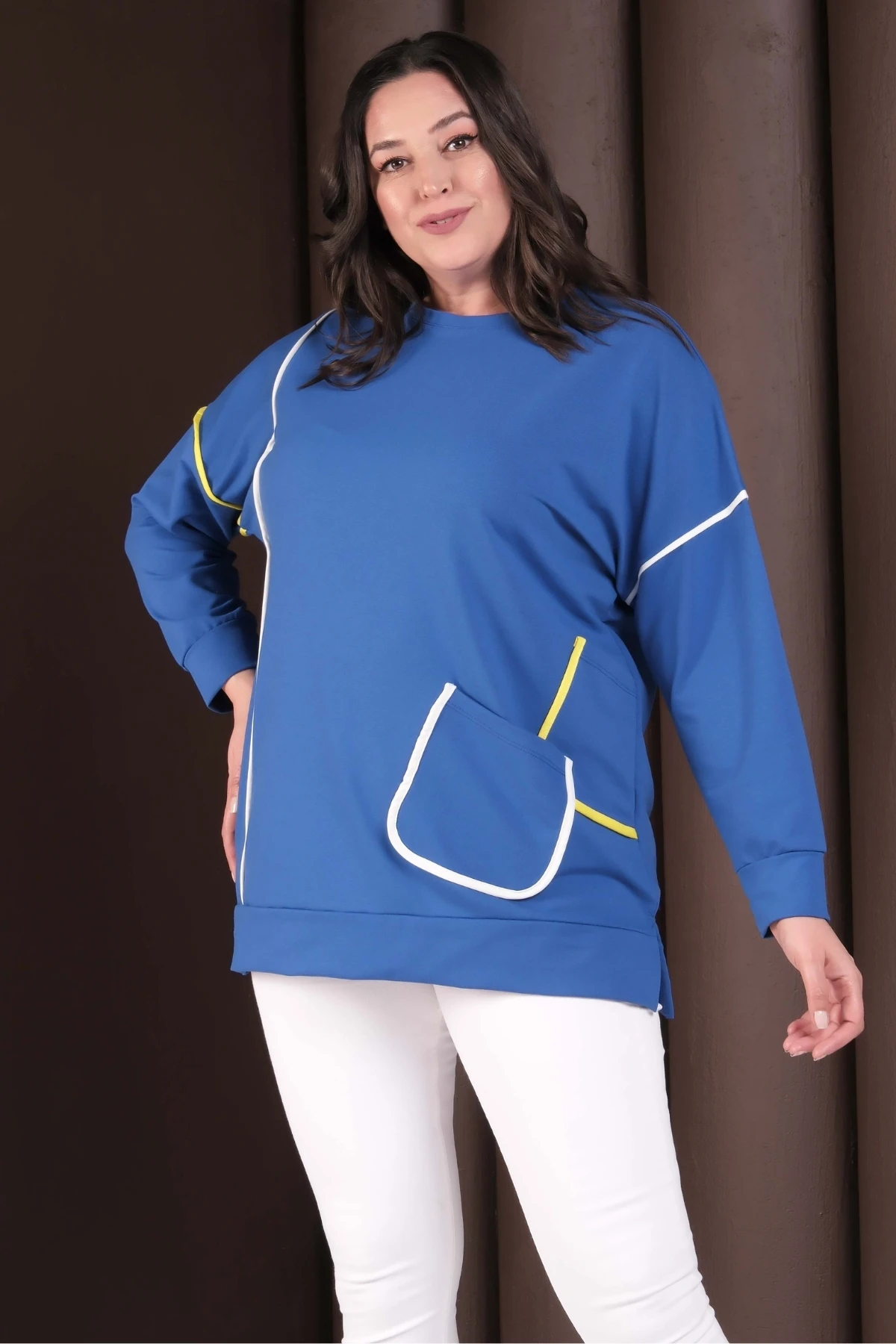 Kadın Büyük Beden Şerit Detaylı Cepli  Pamuklu Sweatshirt