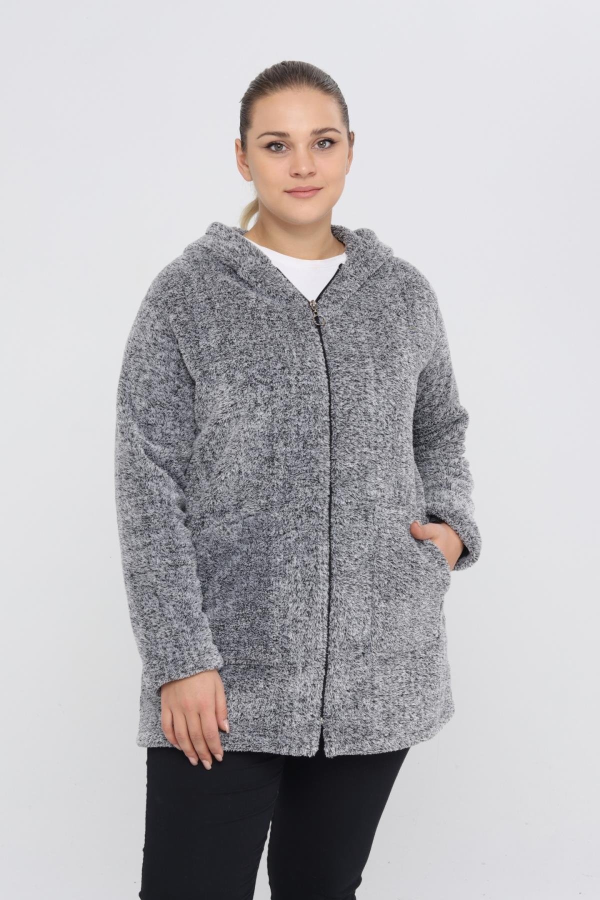 Peluş Sweat Fermuarlı Kapüşonlu 2 Cepli Örme Peluş Polar Sweatshirt