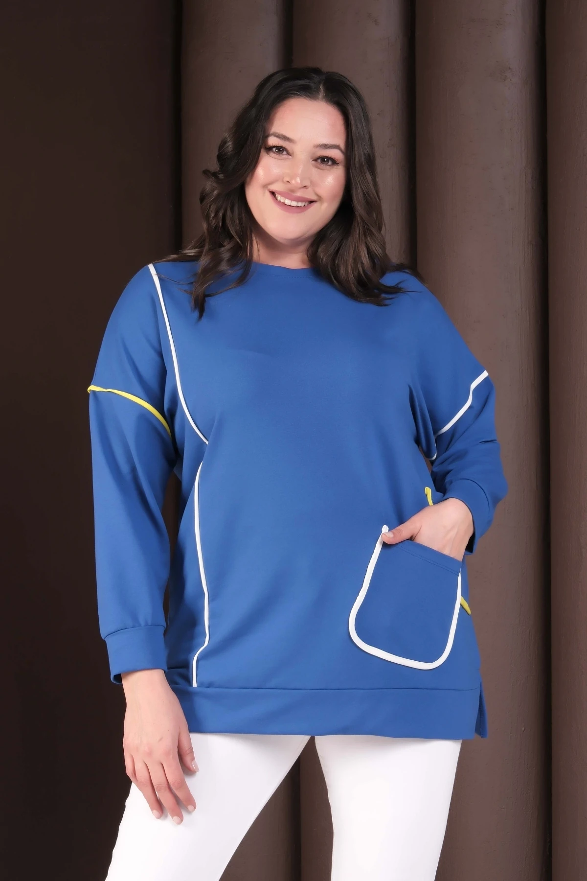 Kadın Büyük Beden Şerit Detaylı Cepli  Pamuklu Sweatshirt - MAVİ