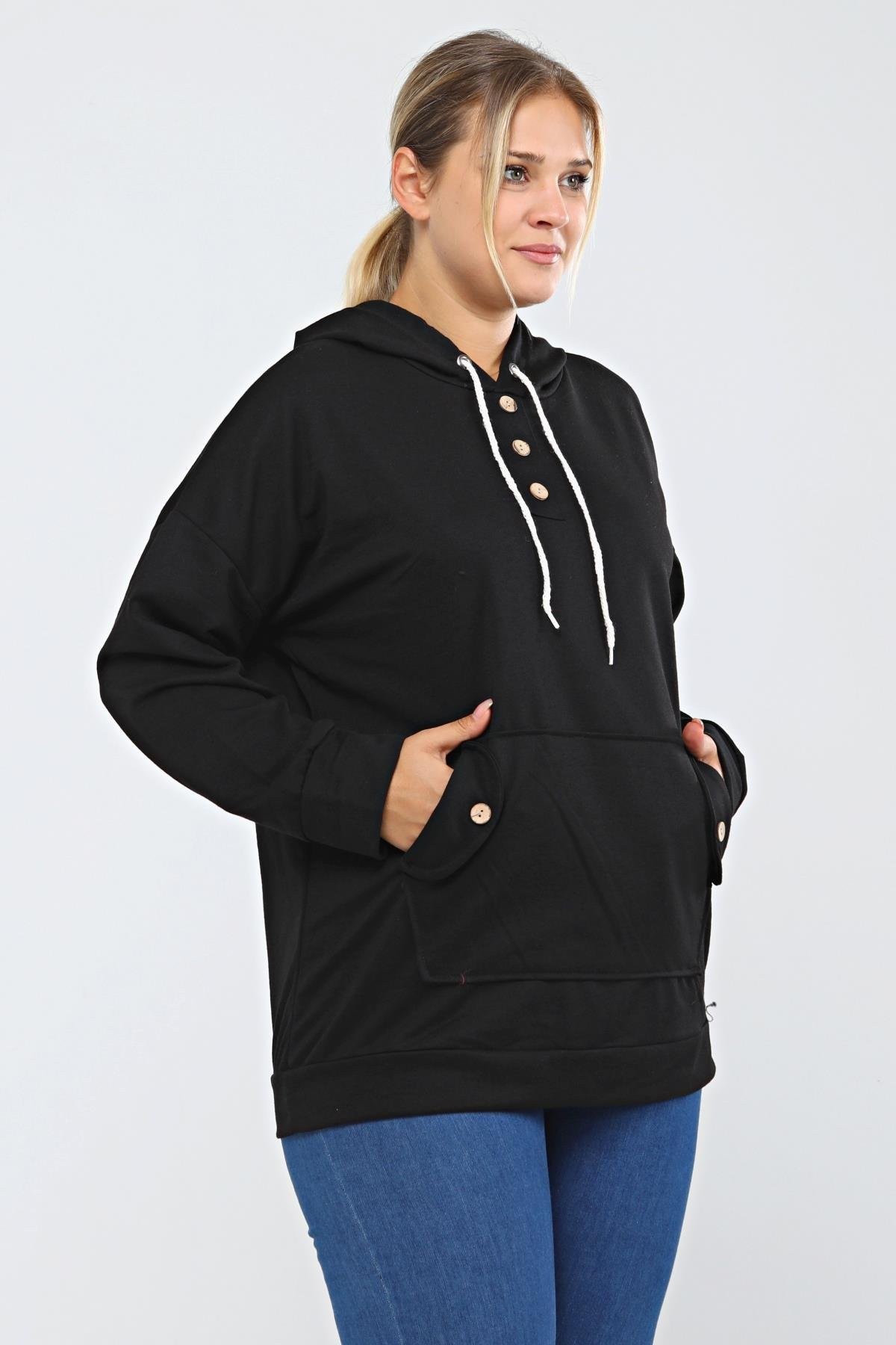 Kapüşonlu Kanguru Cepli Likralı Düğme Detaylı Uzun Hoodie Sweatshirt