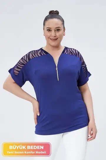 Büyük Beden Transparan Kollu Fermuarlı Kısa Kollu Penye Tunik T-Shirt - Şık Konfor Modeli - Lacivert