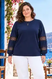Büyük Beden Kristal Kumaş Şık Dantel Kollu Bluz - Lacivert