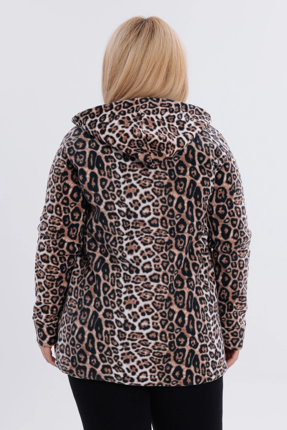 Kadın Büyük Beden Sıcak Tutan Leopar Polar Kapüşonlu  Fermuarlı Sweatshirt