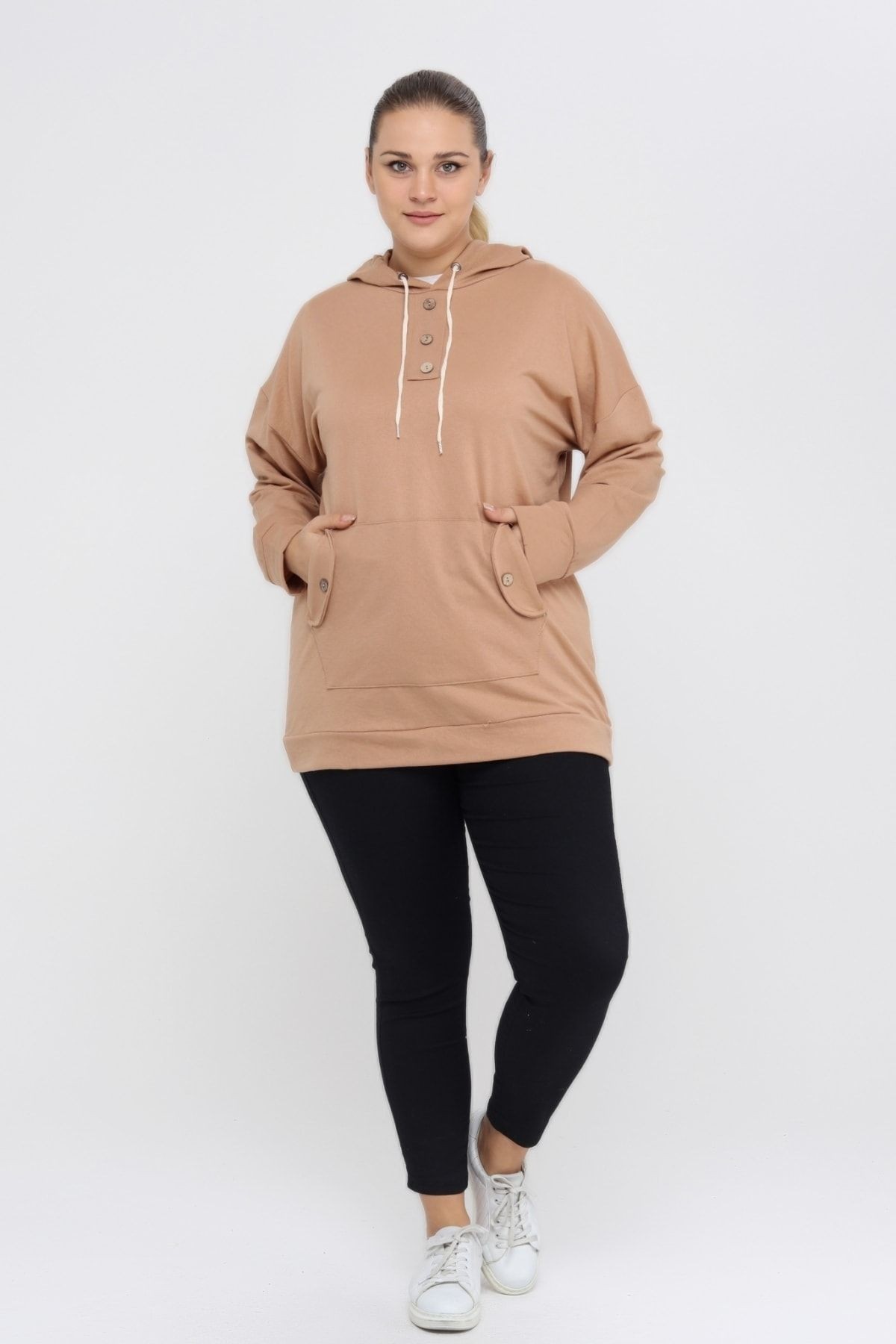 Kadın Büyük Beden Kapüşonlu Kanguru Cepli Likralı Düğme Detaylı Uzun Hoodie Sweatshirt Bej