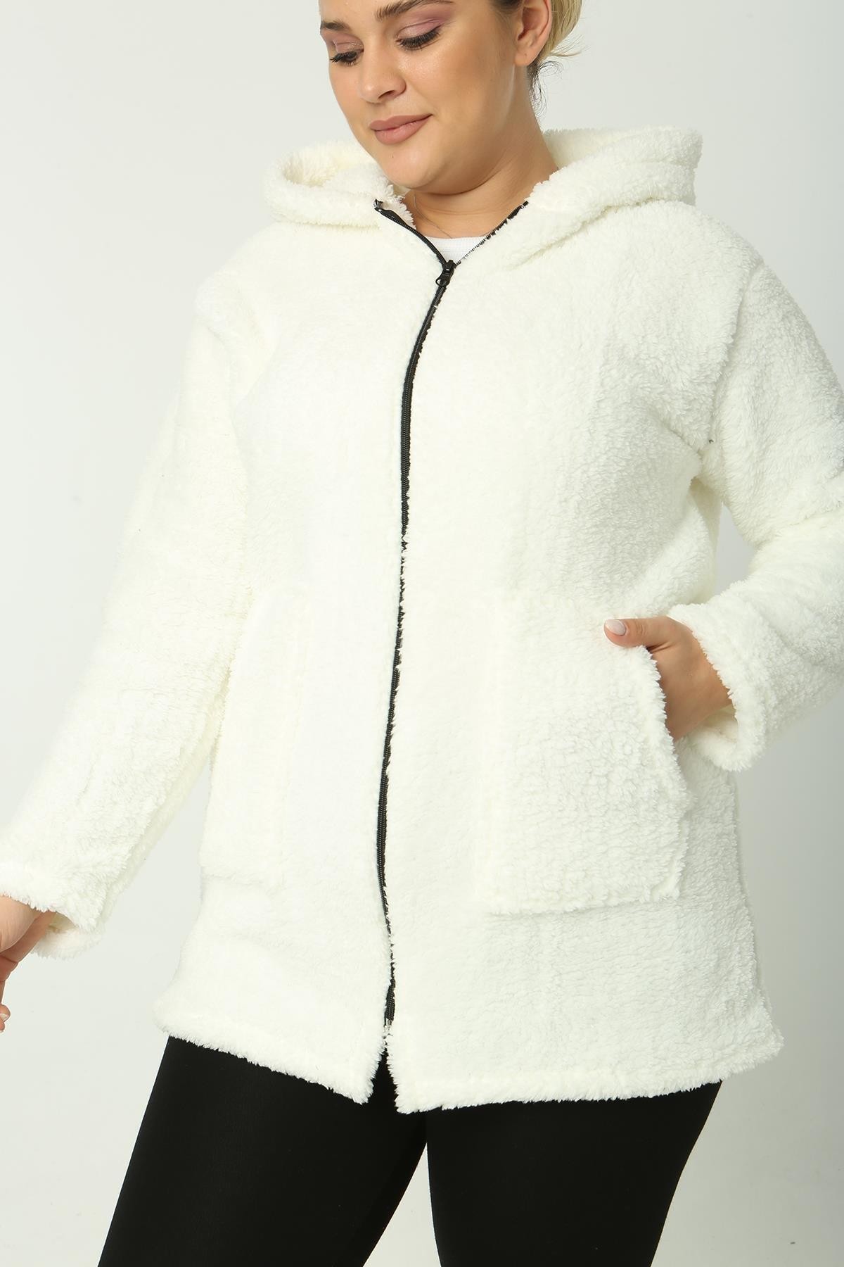 Peluş Sweat Fermuarlı Kapüşonlu 2 Cepli Örme Peluş Polar Sweatshirt