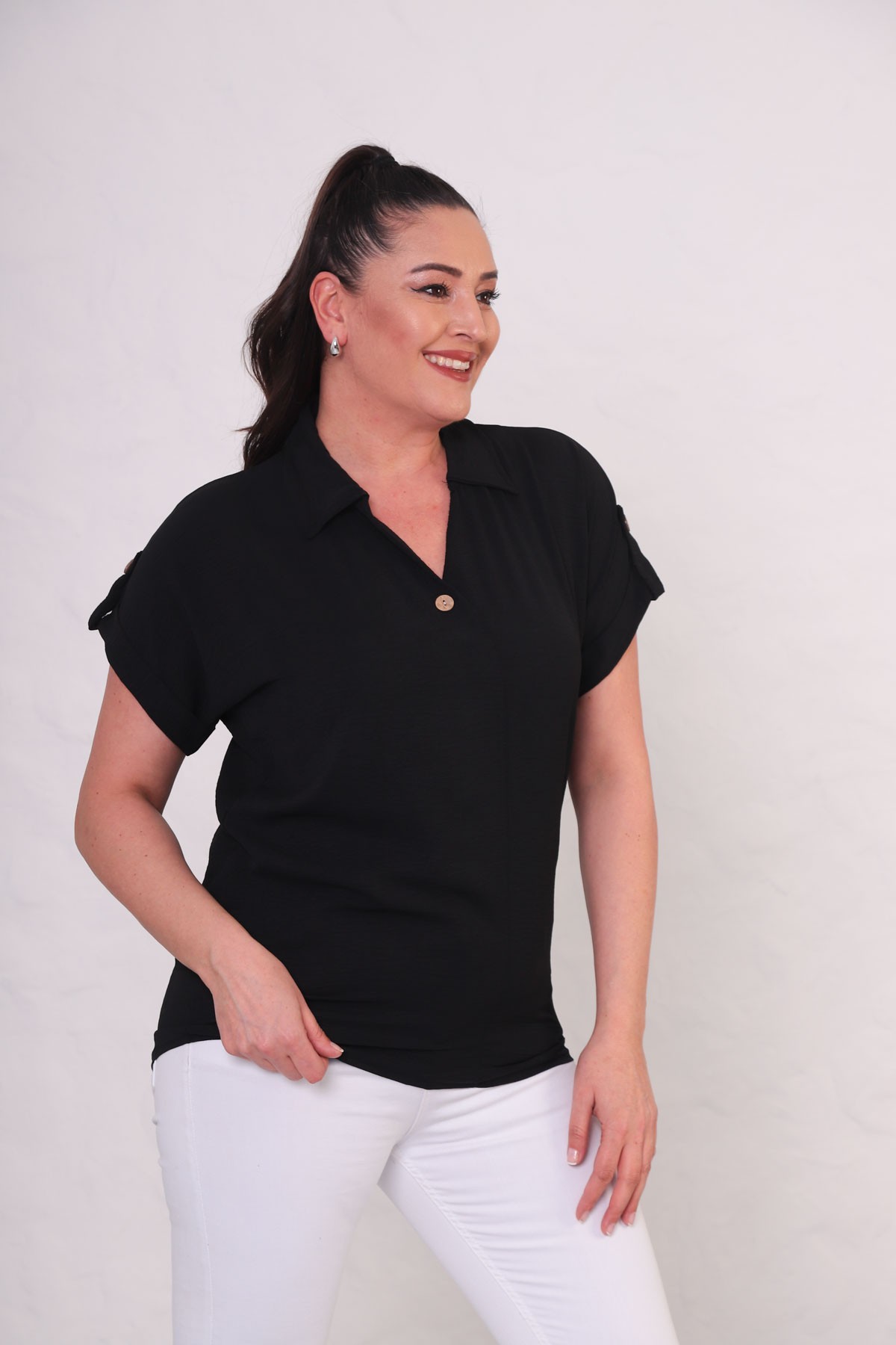 Kadın Büyük Beden Polo Yaka Kol Kısmı Düğmeli Gömlek Bluz